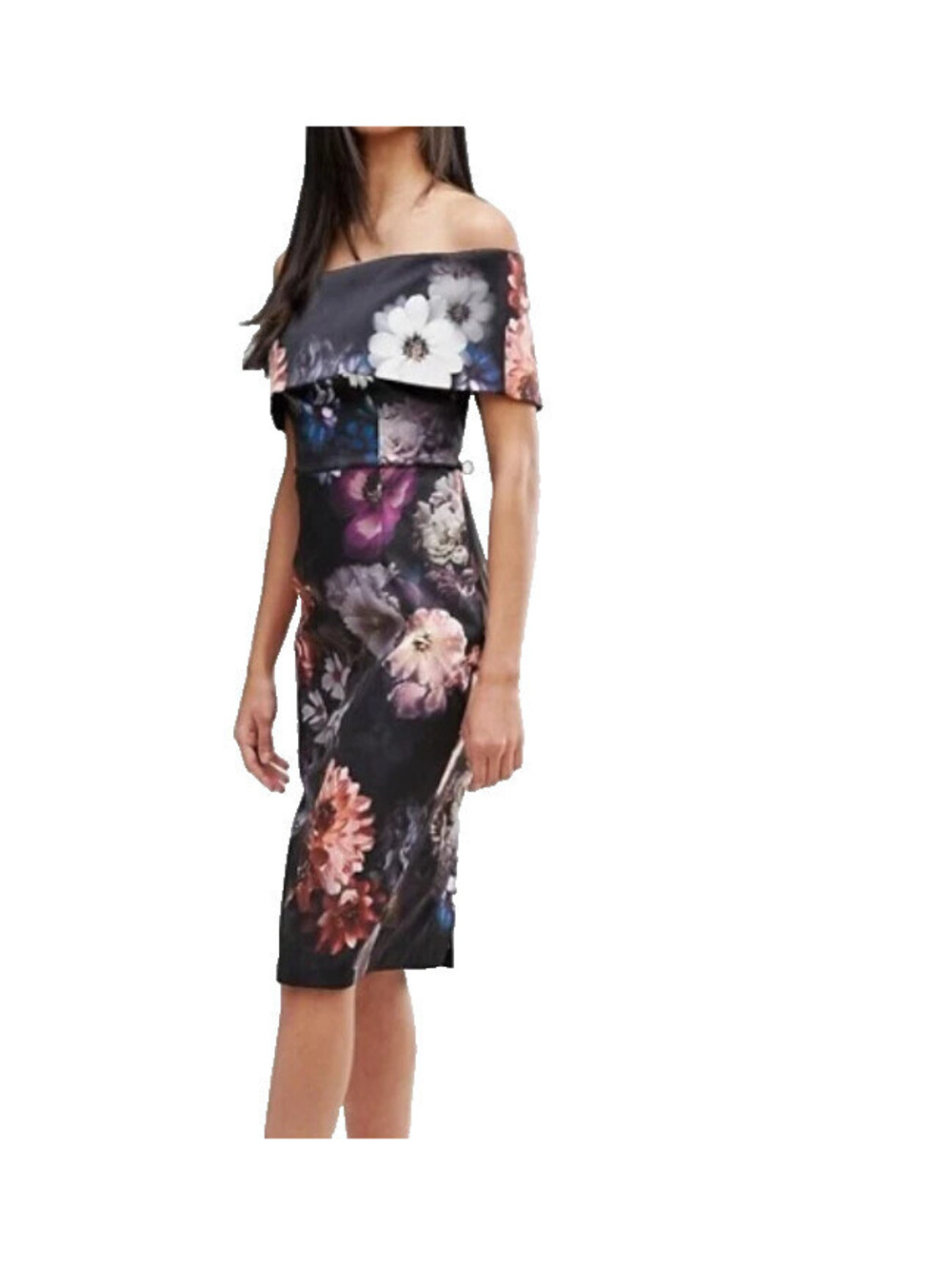 Asos Classic Floral Pencil Dress Size 4 Deep Fold Off Shoulder Floral Graphic